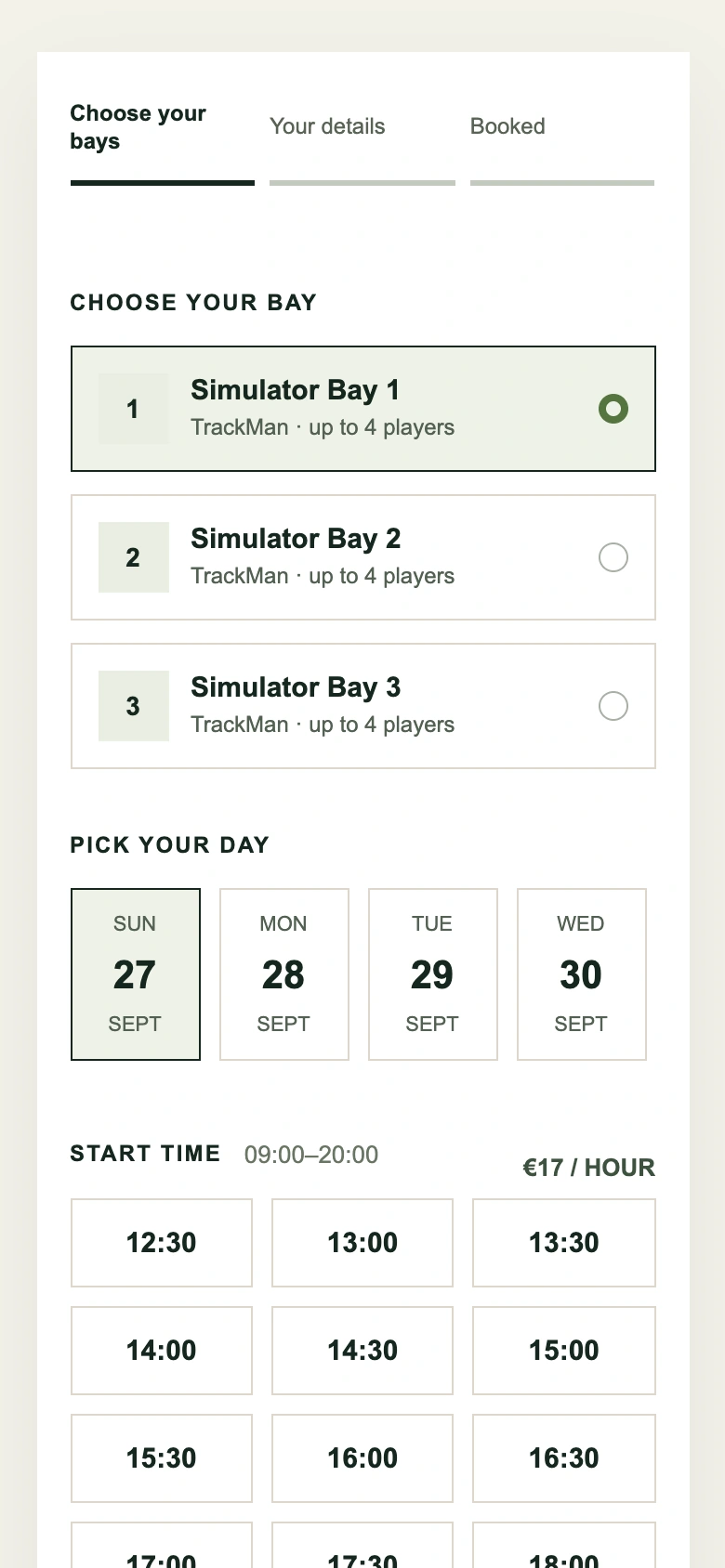 Gimme Golf mobile booking showing bays, dates, and available tee times