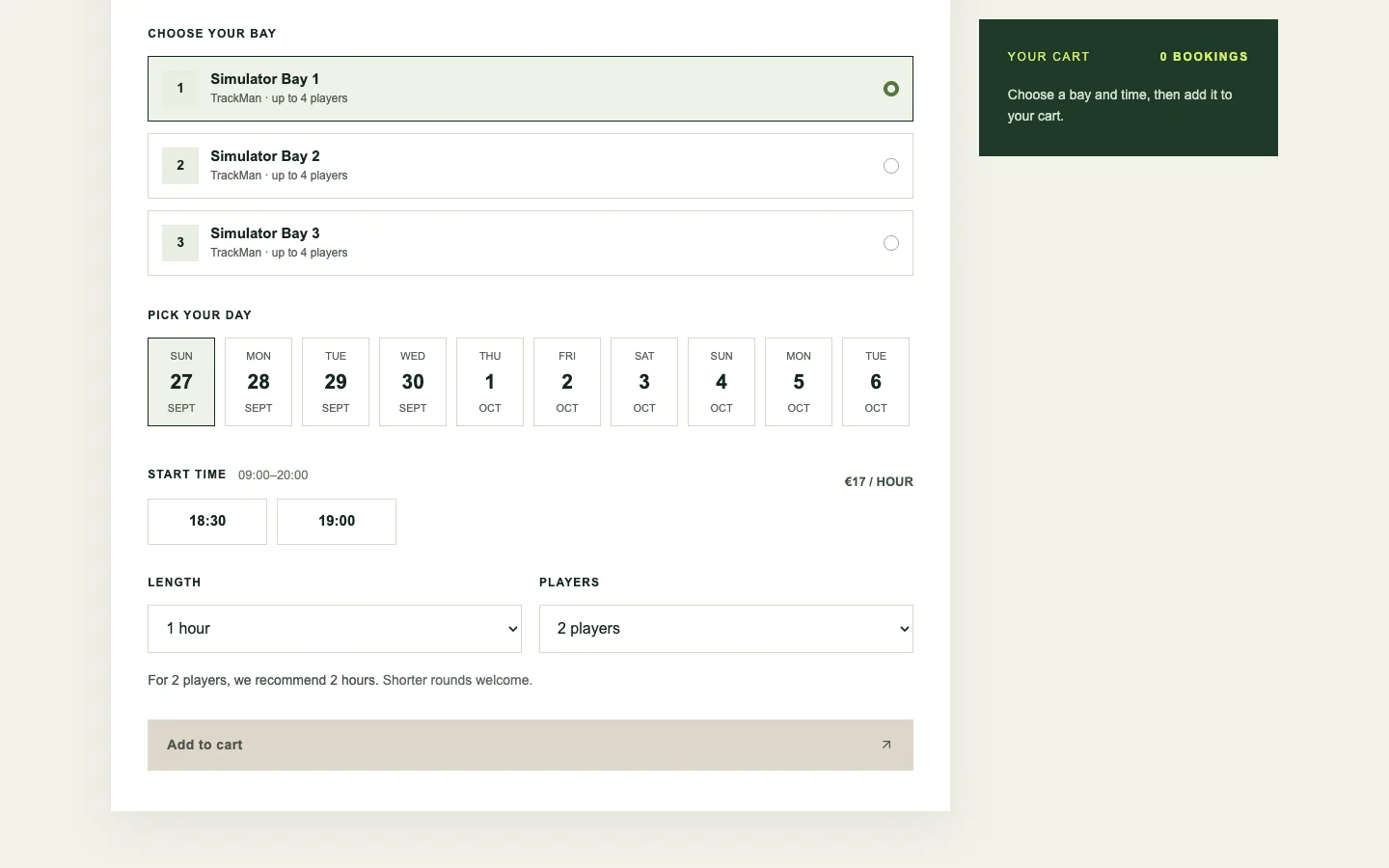 Gimme Golf booking flow showing simulator bays, dates, tee times, player count, and cart