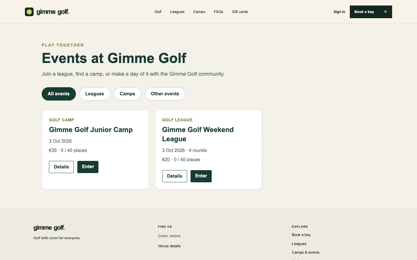 Gimme Golf events page with a junior camp and weekend league