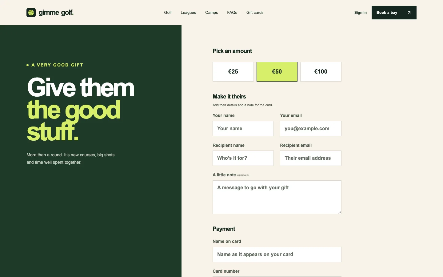 Gimme Golf gift card page with selectable amounts and a personal message