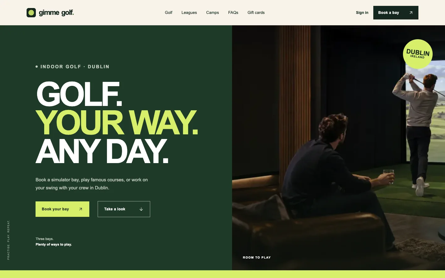 Gimme Golf homepage with its club design and simulator bay photography