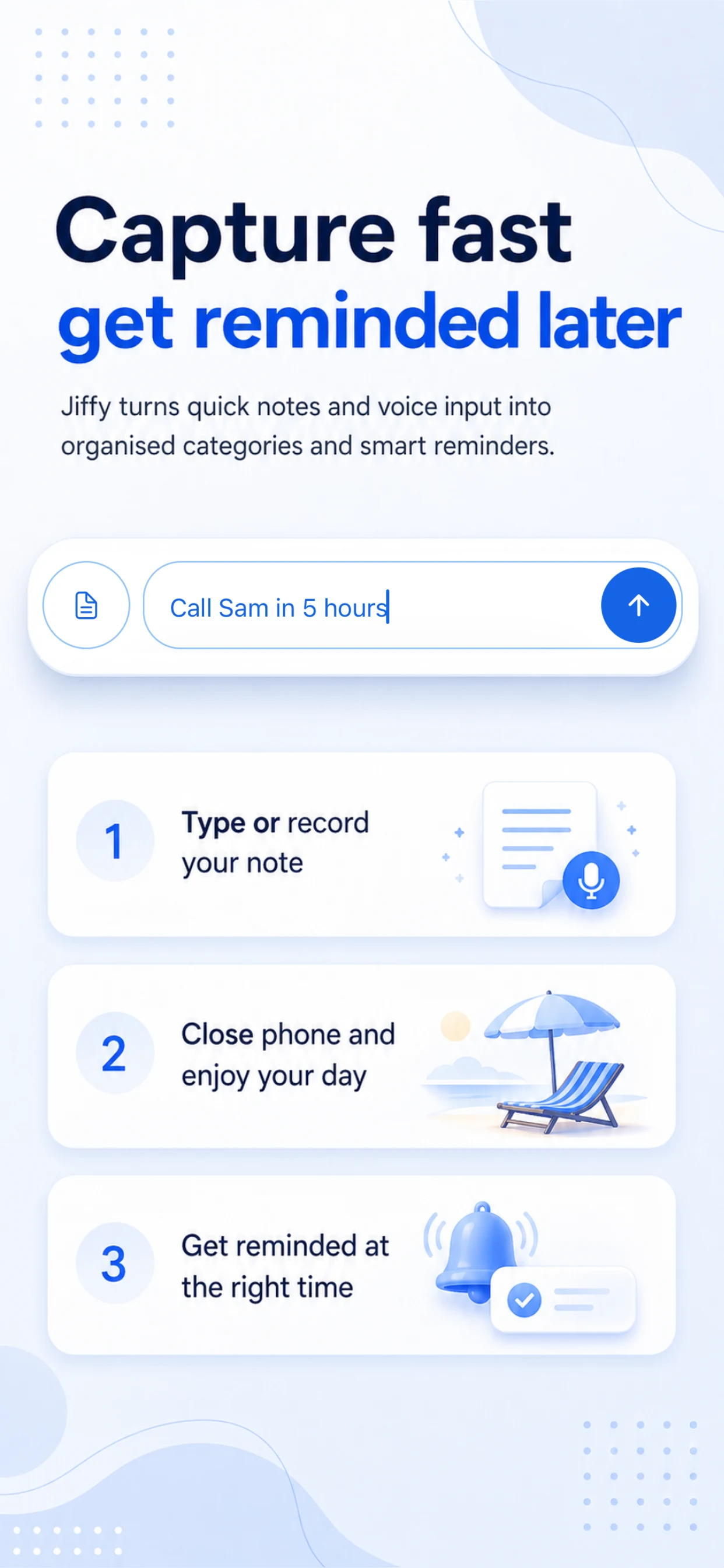 Jiffy App Store screenshot showing quick capture for ideas and reminders