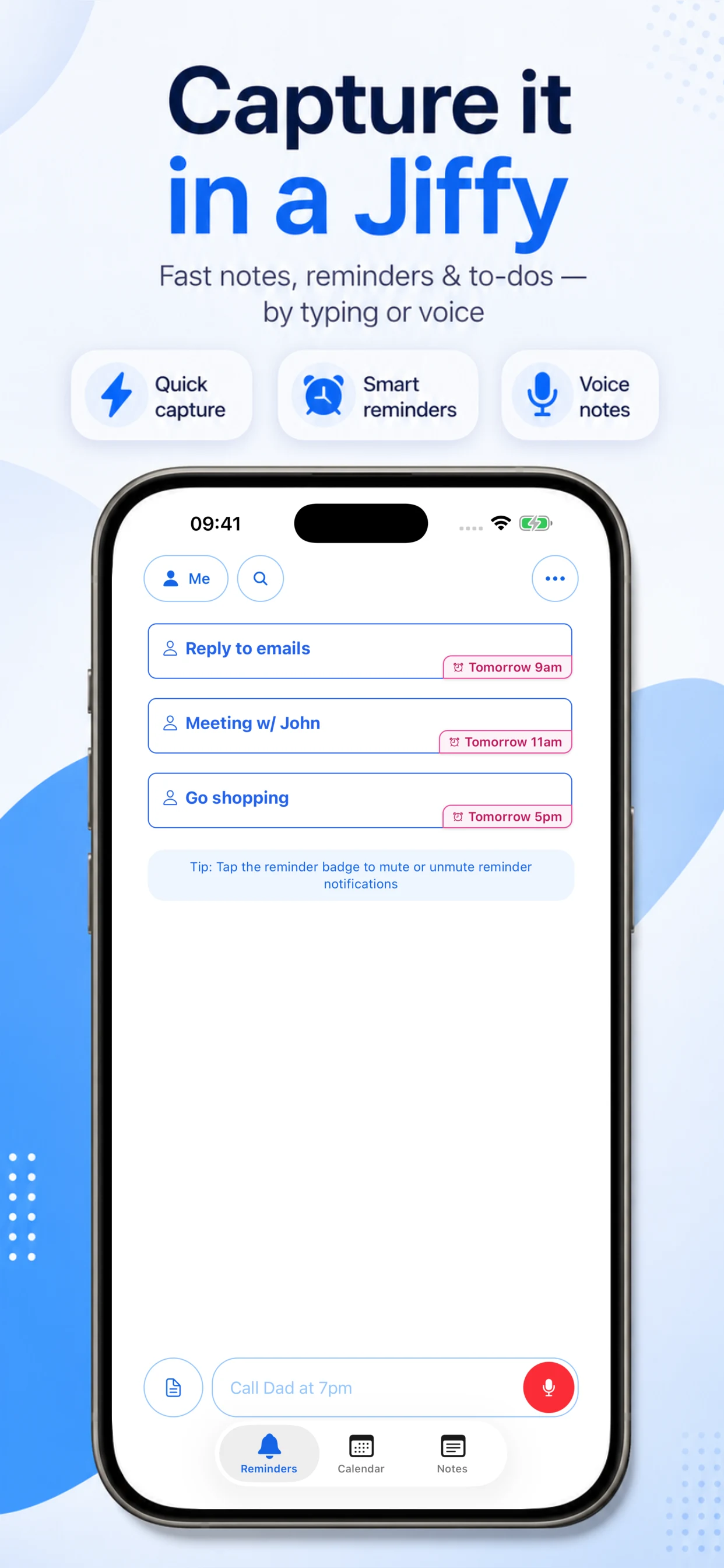 Jiffy App Store screenshot showing upcoming notes, tasks, and reminders