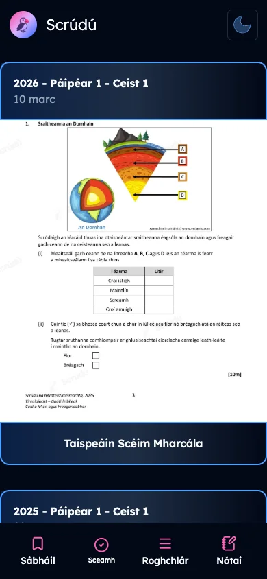 Current Scrúdú mobile question view with paper, marking scheme, saved items, progress, and notes